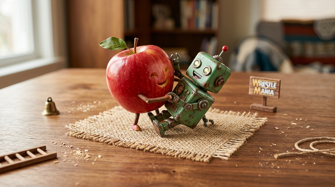ミニチュアの土俵で楽しそうに取っ組み合う赤いリンゴと緑のロボット