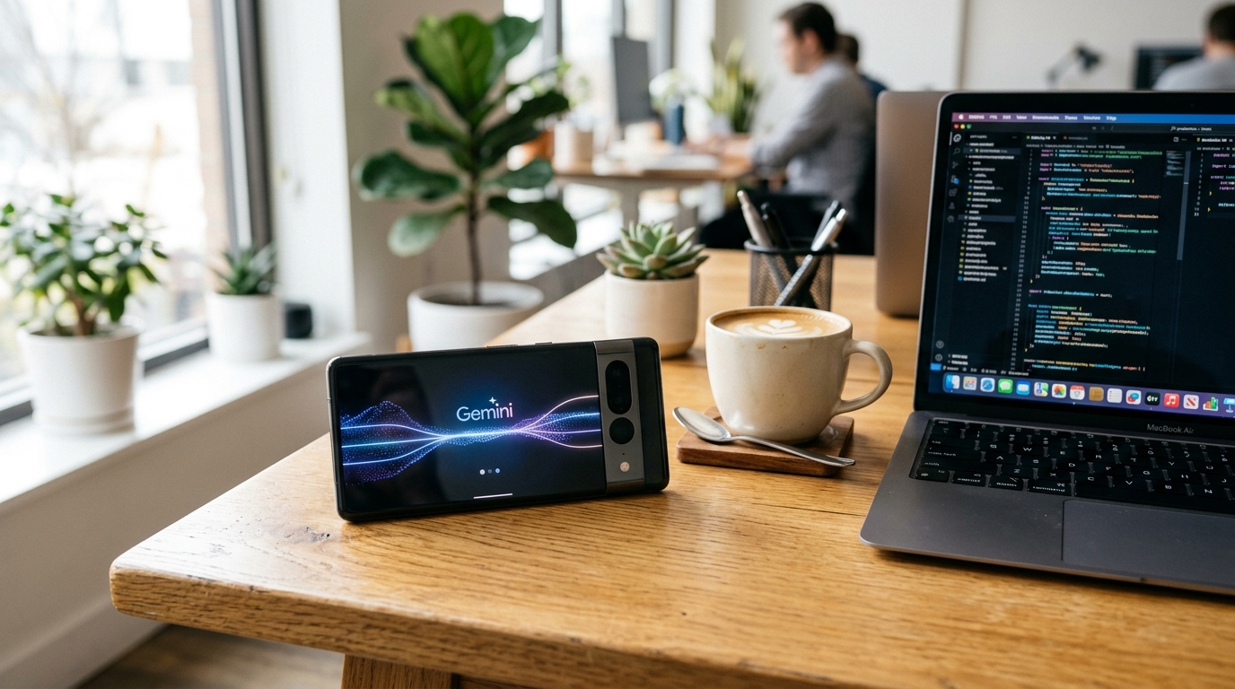 デスク上に置かれたGoogle PixelとMacBook、AIがもたらす新しい生産性の風景