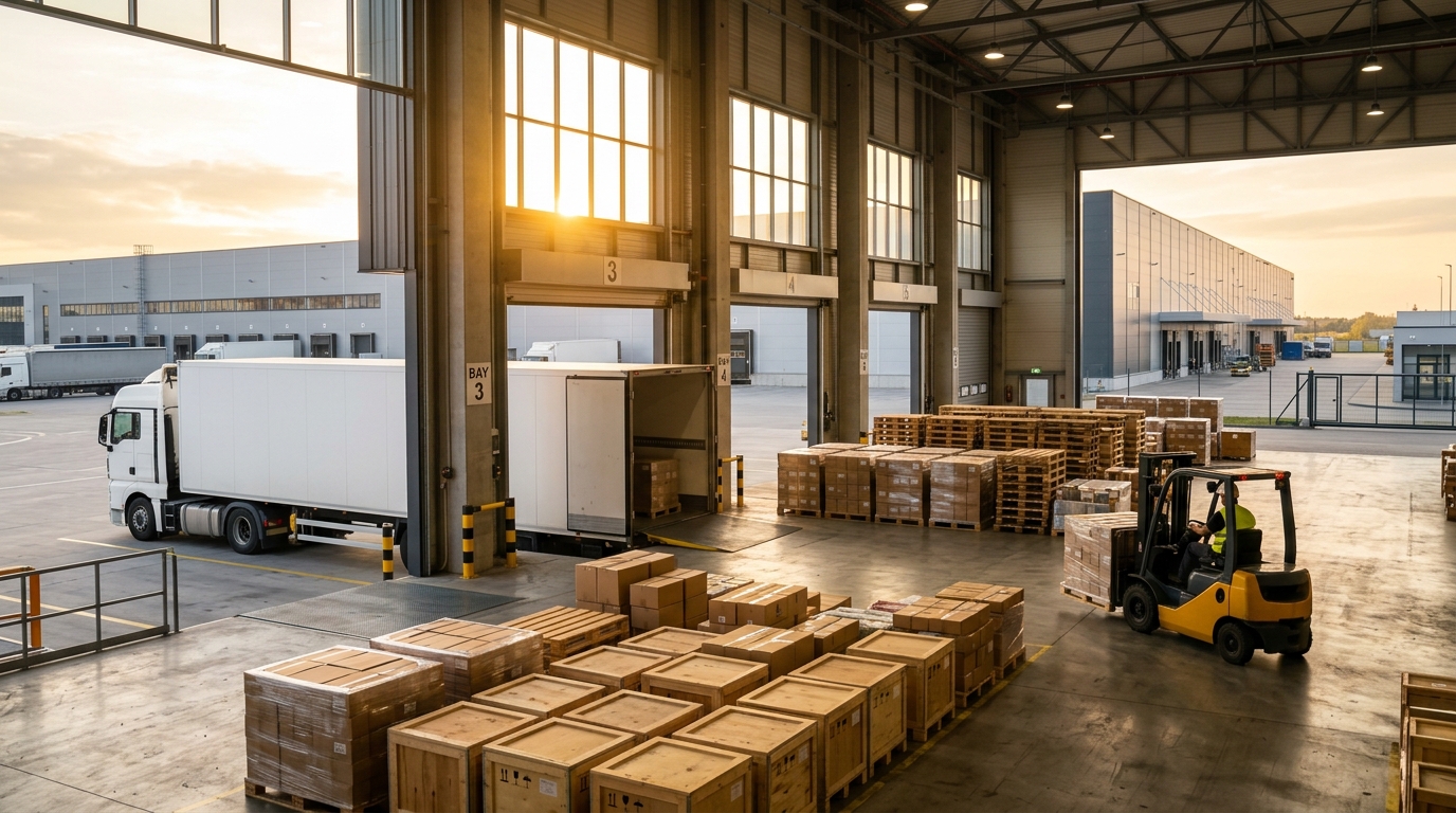 工場の出荷ドックに整然と並ぶ貨物パレットとトラック
