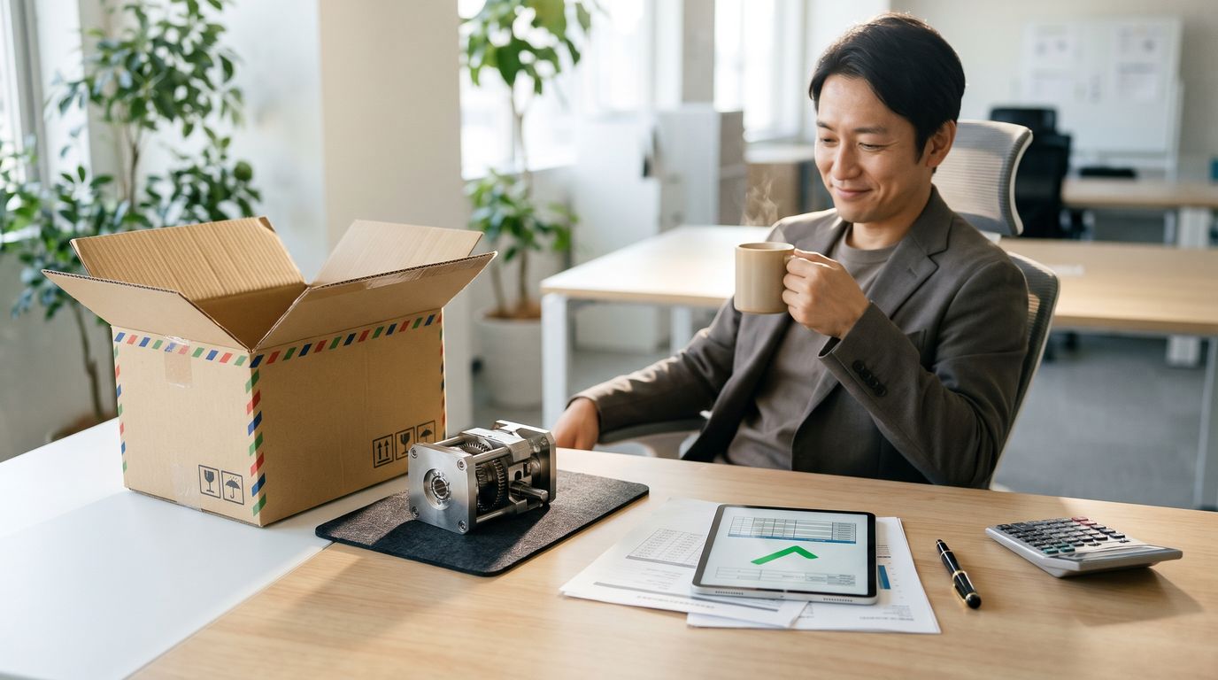 明るいオフィスで、開封された国際便の段ボール箱と輸入した金属部品の前に、計算を終えた書類とタブレット、電卓が置かれ、担当者がコーヒーを手にくつろいでいる写真