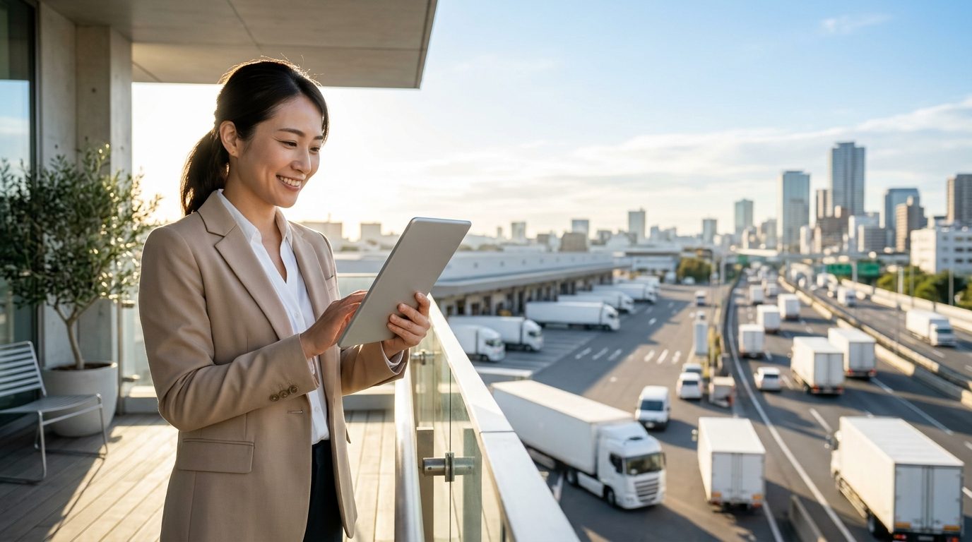 朝の陽光が差すテラスで、タブレットを手にした女性が笑顔で確認し、眼下の物流ゲートから配送トラックが幹線道路へ走り出していく写真