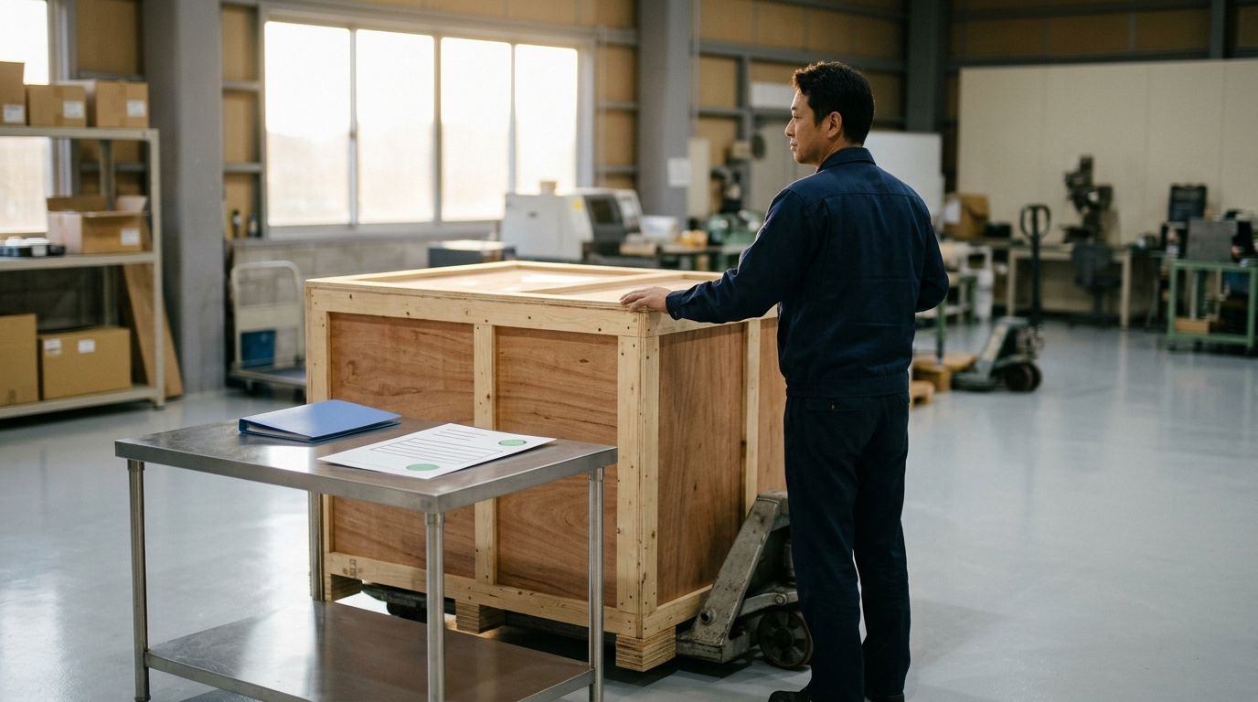 明るい作業場に届いた大きな輸入木箱に担当者が手を置き、横の作業台に承認済みの書類と青いファイルが置かれている写真