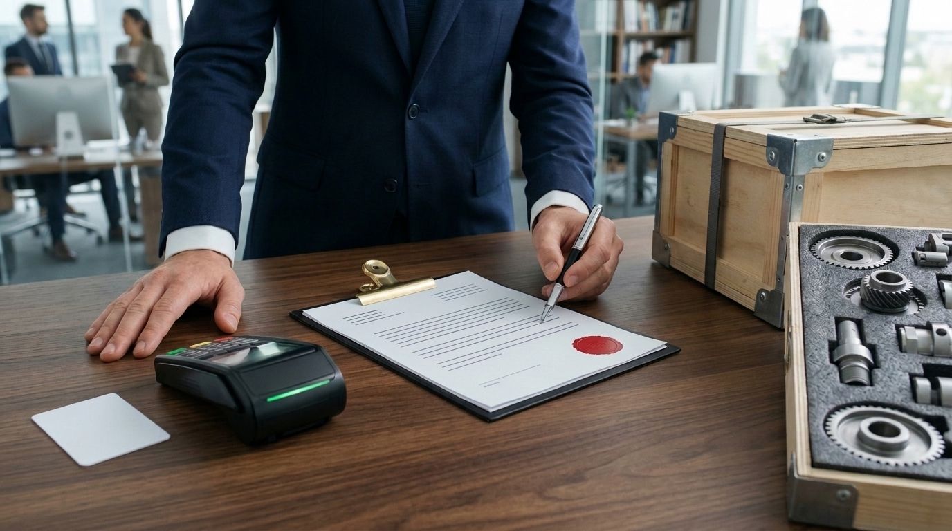 貿易事務のカウンターで、スーツ姿の担当者が書類にペンを添え、手元に決済端末とカード、脇に部品の入った輸入木箱が並ぶ写真
