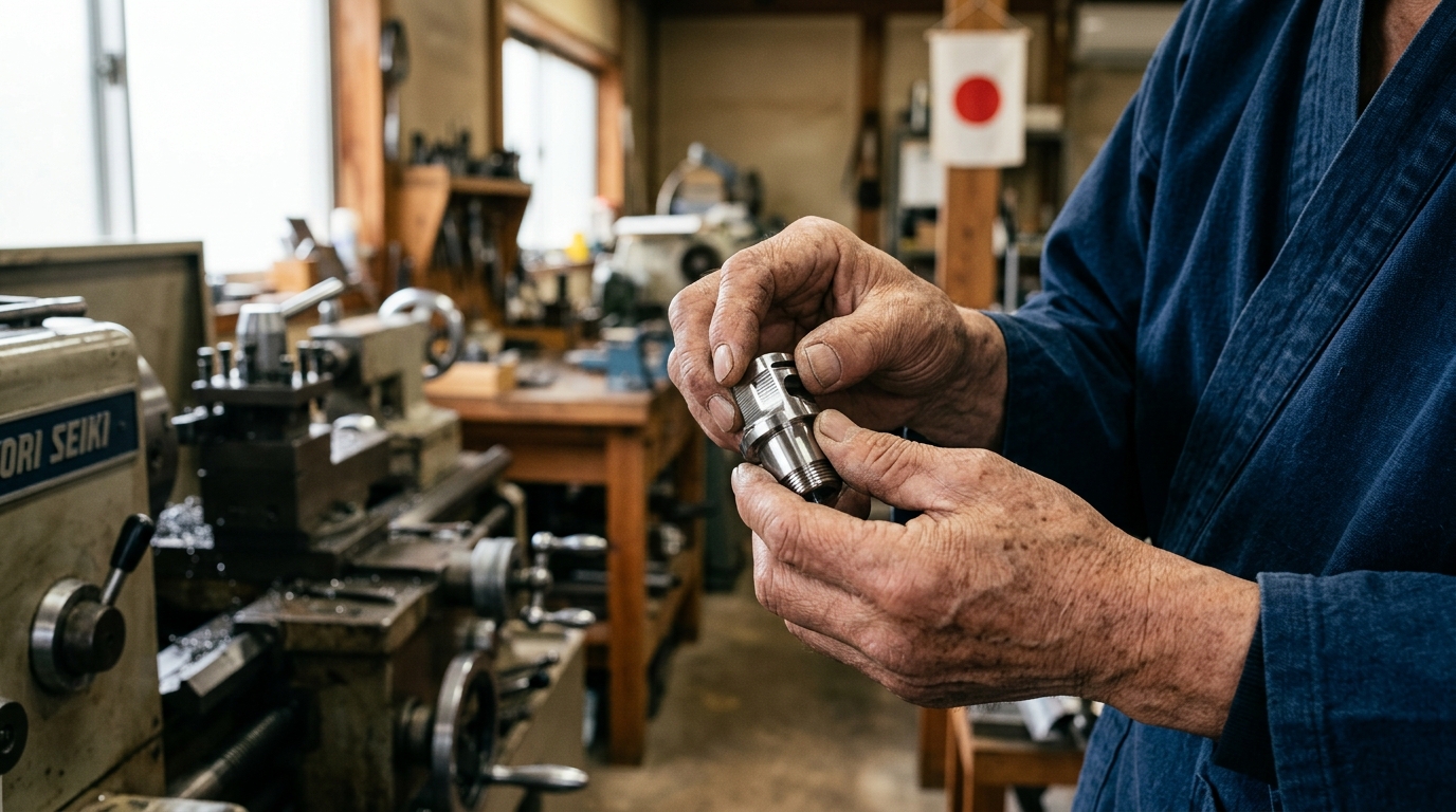 精密加工された金属部品を手に取り、仕上がりを丁寧に目視検査する日本の職人。結果にこだわるモノ創りの精神を象徴するシーン
