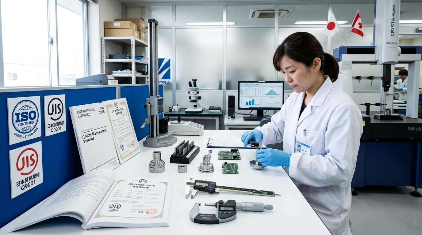 品質管理ラボでISOとJISの規格書を前に精密検査を行う検査員