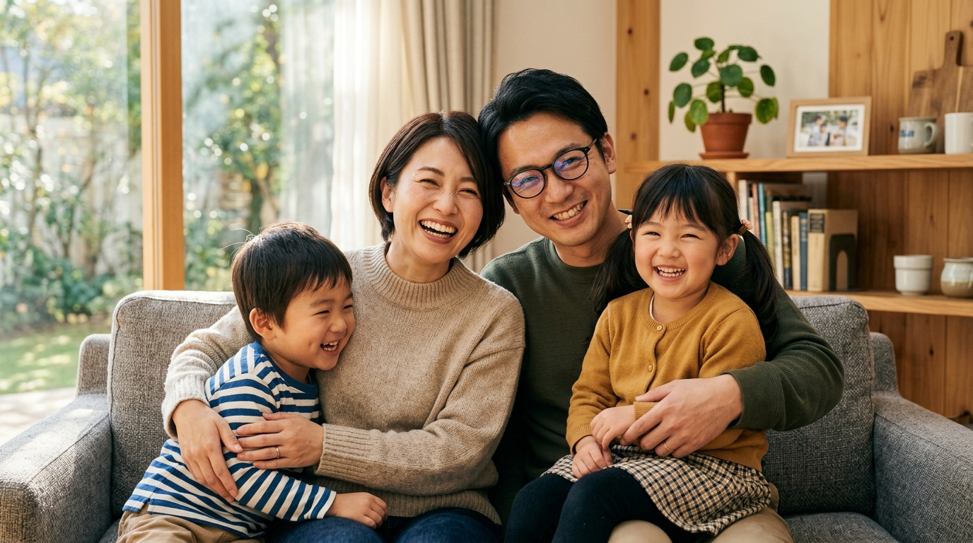 明るいリビングで笑顔でくつろぐ日本の家族。安全で安心な暮らしを象徴する様子。