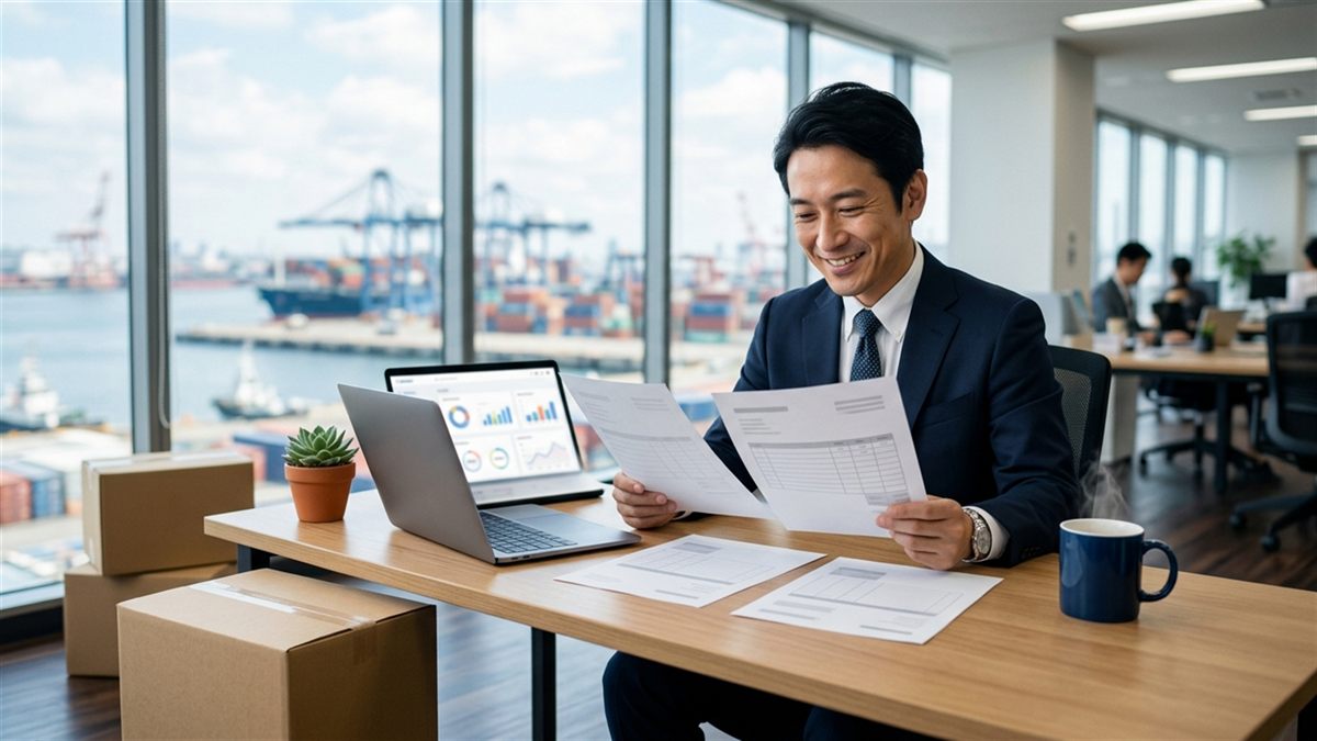 オフィスの窓から港を見ながら、見積書を見比べて納得しているビジネスパーソン