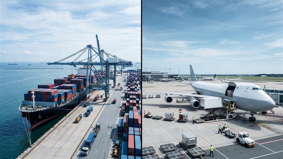 港でコンテナ船に貨物を積み込む様子と、空港で貨物機に荷物を積み込む様子を左右に並べた写真
