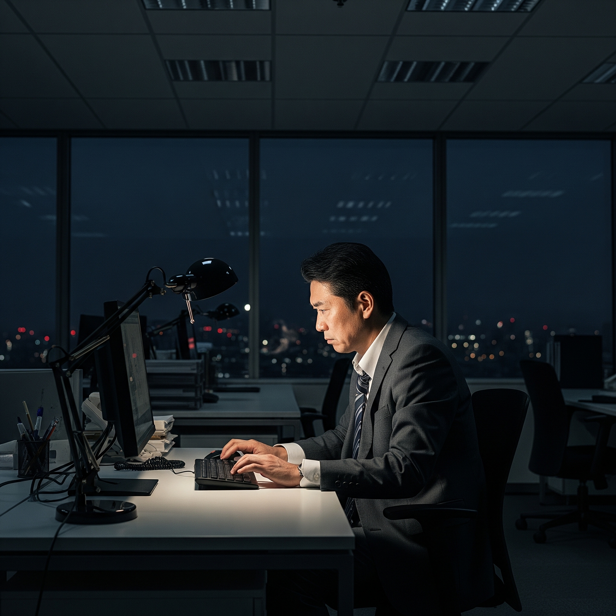 夜遅くまでオフィスで残業する担当者