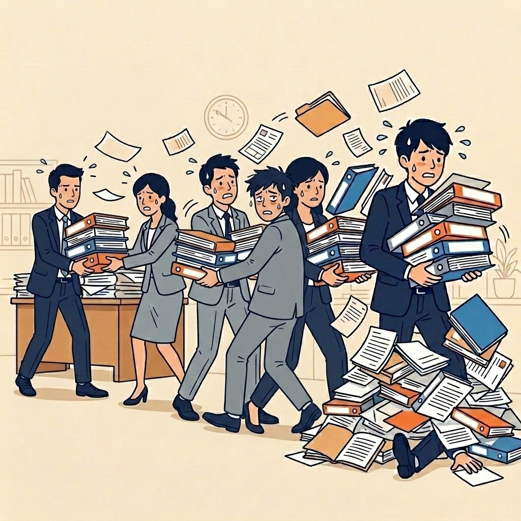大量の書類のバケツリレー