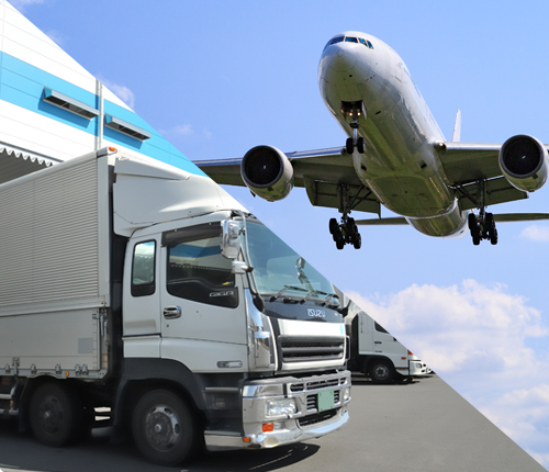 国際物流に関わる航空便、トラック便のイメージ